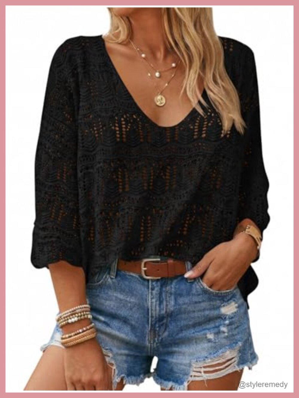 Womens Crochet Cover Up Sweater Top 3/4 Sleeve V Neck Knitted Beach